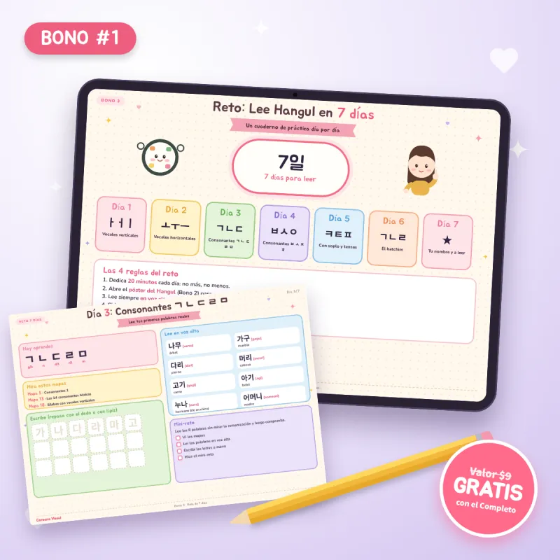 Mockup del reto para leer Hangul en siete días